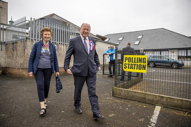 TUV leader Jim Allister with his wife Ruth arriving at Kells and Connor Primary School, Ballymena
