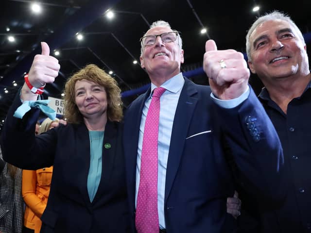 Sinn Fein’s Caral Ni Chuilin and Gerry Kelly celebrate their election