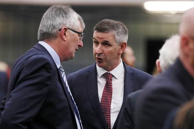 Press Eye - Belfast - Northern Ireland - 6th May 2022Counting begins at three count centres for the Northern Ireland Assembly Election 2022.  The UUP’s Tom Elliott(left) and Ian Marshall at the count in Meadowbank Sports Arena, Magherafelt. Picture by Jonathan Porter/PressEye