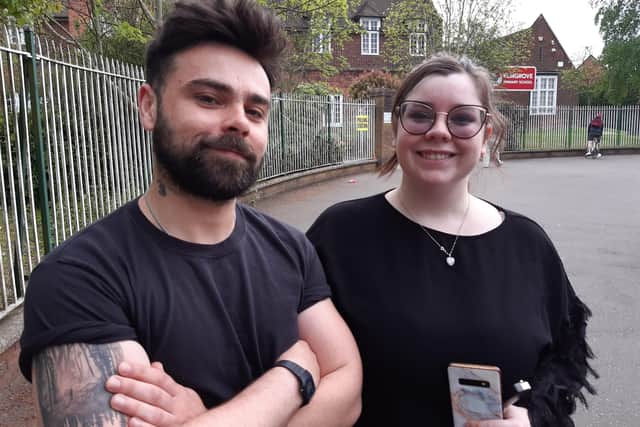 Jack Magee, 29, who voted Green, not having voted in the last election, and Katriona Kirwin, who voted People Before Profit, having voted Alliance in the last election, at Elmgrove polling station