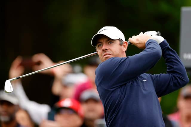 Rory McIlroy plays his shot from the third tee during the first round of the Wells Fargo Championship