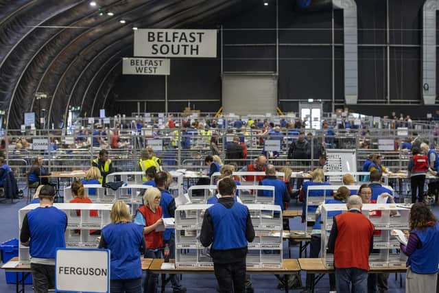 Counting continues for the Belfast North constituency of the Northern Ireland Assembly Election at the Titanic Exhibition Centre in Belfast.