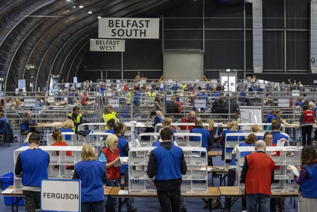 Counting for the Stormont election at the Titanic Exhibition Centre in Belfast. Across Northern Ireland, the DUP, UUP, TUV combined got 346,080 first preference votes, while Sinn Féin, SDLP combined got 328,625.
Photo: Liam McBurney/PA Wire