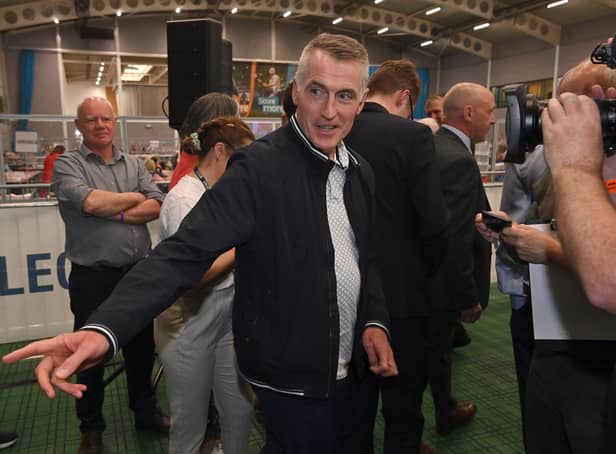 Press Eye - Belfast - Northern Ireland - 6th May 2022 - Northern Ireland Assembly Election Count at Ulster University, JordanstownSinn Feins Declan Kearney who has made the required amount of votes at the first count.Photo by Stephen Hamilton / Press Eye.