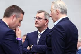 PACEMAKER, BELFAST, 6/5/2022: An unhappy looking DUP leader, Jeffrey Donaldson with former First Minister, Paul Givan and MP, Ian Paisley at the election count for the North, South and East Antrim constituencies plus Lagan Valley and North Down in Jordanstown.PICTURE BY STEPHEN DAVISON