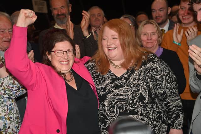 Alliance's Kellie Armstrong, who topped the poll in Strangford, and party leader Naomi Long.

Picture: Kirth Ferris/Pacemker Press
