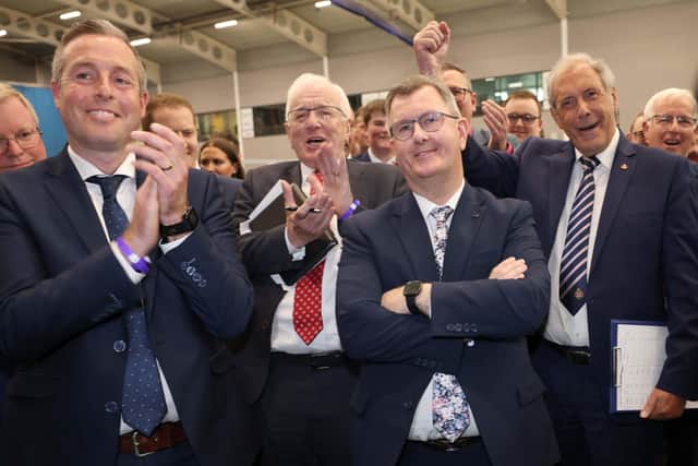 PACEMAKER, BELFAST, 6/5/2022: DUP leader Jeffrey Donaldson was elected in the first count in the Lagan Valley  constituency at the Jordanstown count today.
PICTURE BY STEPHEN DAVISON