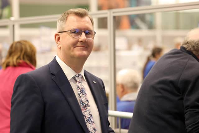 PACEMAKER, BELFAST, 6/5/2022: DUP leader, Jeffrey Donaldson at the Northern Ireland Assembly elections count at Jordanstown. The North, South and East Antrim constituencies plus Lagan Valley and North Down are being counted there. 
PICTURE BY STEPHEN DAVISON