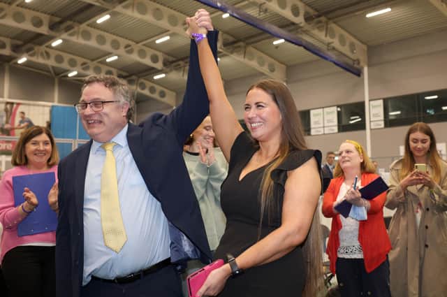 PACEMAKER, BELFAST, 6/5/2022: The Alliance Party's Sorcha Eastwood celebrates being elected for the Lagan Valley constituency at the Jordanstown count with the party's MP, Stephen Farry.PICTURE BY STEPHEN NDAVISON