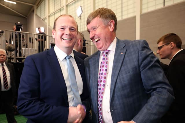 PACEMAKER, BELFAST, 6/5/2022: Mervyn Storey congratulates fellow DUP member, Gordon Lyons on his election in East Antrim at the count in Jordanstown today.
PICTURE BY STEPHEN NDAVISON