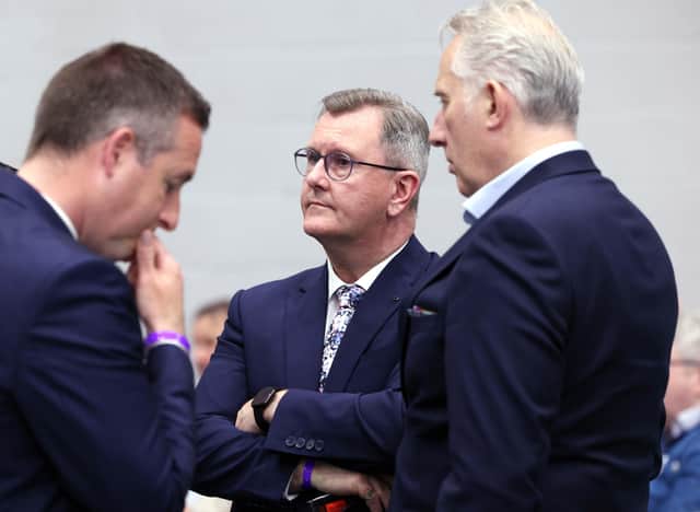 PACEMAKER, BELFAST, 6/5/2022: An unhappy looking DUP leader, Jeffrey Donaldson with former First Minister, Paul Givan and MP, Ian Paisley at the election count for the North, South and East Antrim constituencies plus Lagan Valley and North Down in Jordanstown.PICTURE BY STEPHEN DAVISON
