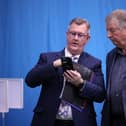 PACEMAKER, BELFAST, 6/5/2022: DUP leader, Jeffrey Donaldson at the Northern Ireland Assembly elections count at Jordanstown. The North, South and East Antrim constituencies plus Lagan Valley and North Down are being counted there. With DUP MP Sammy WilsonPICTURE BY STEPHEN DAVISON