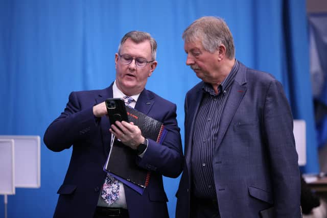 PACEMAKER, BELFAST, 6/5/2022: DUP leader, Jeffrey Donaldson at the Northern Ireland Assembly elections count at Jordanstown. The North, South and East Antrim constituencies plus Lagan Valley and North Down are being counted there. With DUP MP Sammy Wilson
PICTURE BY STEPHEN DAVISON