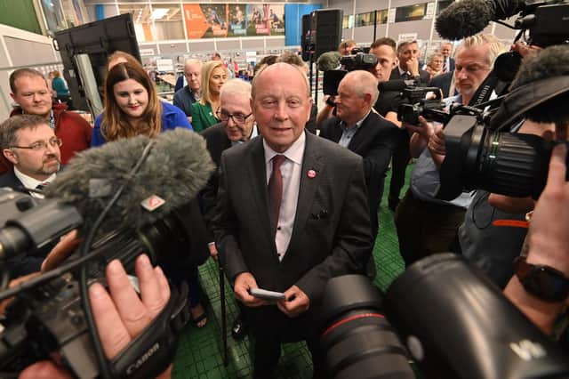 Jim Allister at the Stormont election count at Jordanstown. In a perfectly proportional allocation of MLAs, Mr Allister would now be leading a delegation of seven. Instead he is back on his own. 
Photo by Stephen Hamilton / Press Eye