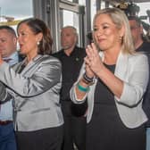 Michelle O'Neill and Mary Lou McDonald arriving at the Titanic Exhibition count centre on Friday.