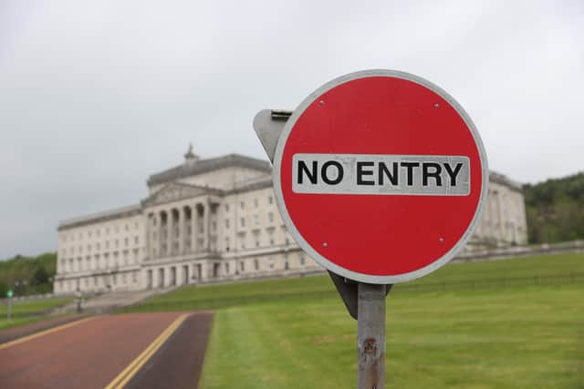A No Entry sign at Parliament Buildings at Stormont, Belfast, following the historic result at the weekend with Sinn Fein overtaking the DUP to become the first nationalist or republican party to emerge top at Stormont.
