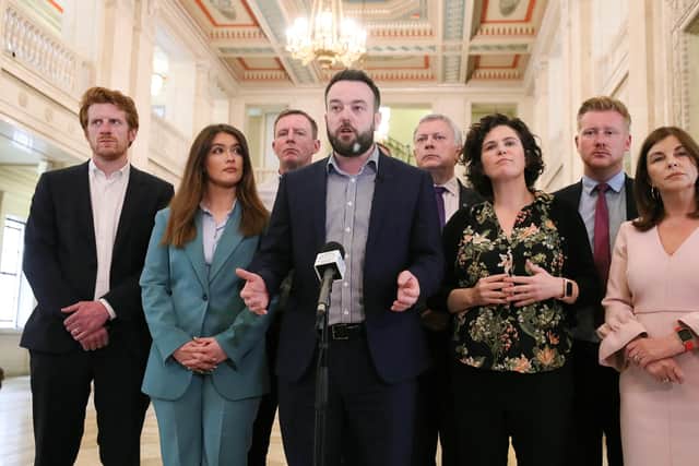 SDLP leader Colum Eastwood and his new Assembly team talk to the media in the Great Hall at Parliament Buildings, Stormont. 


Picture by Jonathan Porter/PressEye