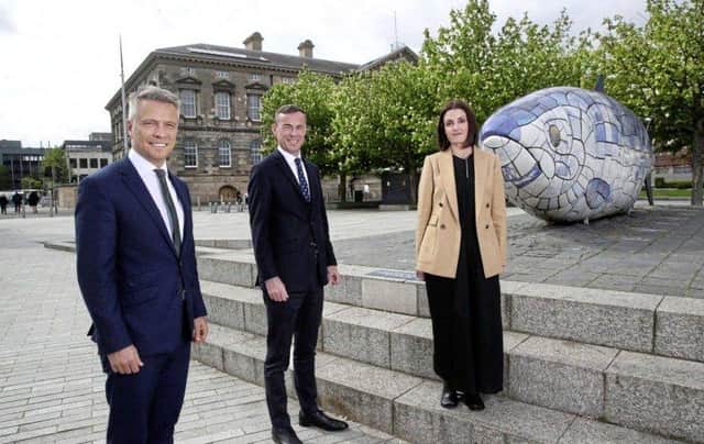 Rob Heron, partner lead for the EOY programme, with Northern Ireland finalists Jacqueline O’Reilly, owner and director of KonFloor and Andrew Lynas, group managing director at Lynas Foodservice