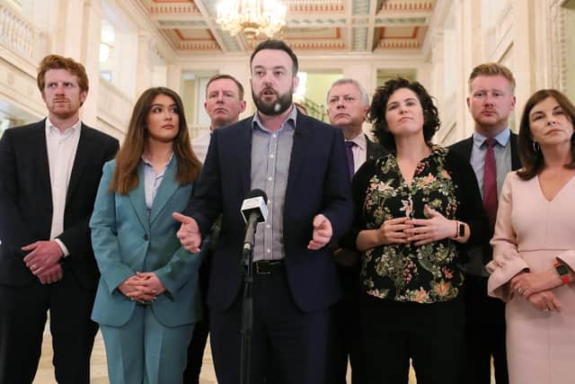 SDLP leader Colum Eastwood and his new Assembly team talk to the media in the Great Hall at Parliament Buildings, Stormont. 


Picture: Jonathan Porter/PressEye