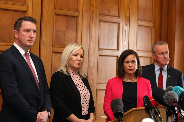 Sinn Fein's Michelle O'Neill, John Finucane, Mary Lou McDonald and Conor Murphy in Stormont today