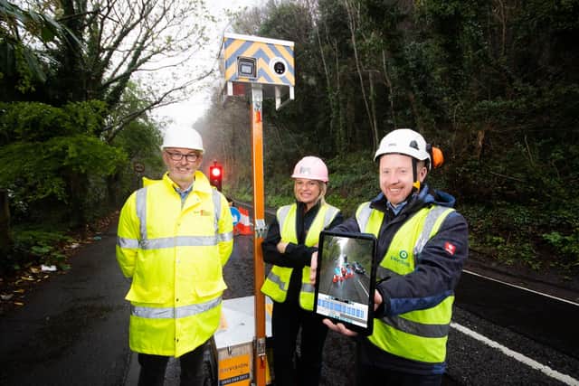 Roadscan was officially launched this week by Envision team Amanda Campbell and Glen Murray who are pictured with William McAleese from Greentown Traffic Management on a road construction site in Rostrevor