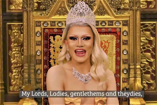 An alternative ‘queen’s speech’ by drag artist River Medway, protesting the removal of ‘gender identity’ from the government’s conversion therapy ban (as circulated online by NI's Rainbow Project)