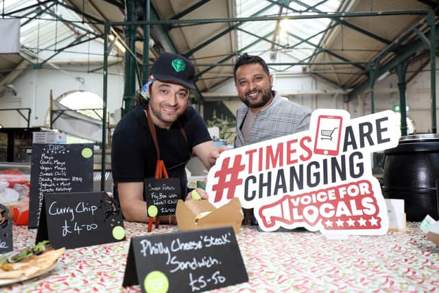 St George’s Market Trader Sean Gallagher from Fin McVeg is pictured with Jay Thattai, founder and Steering Authority at Voice for Locals