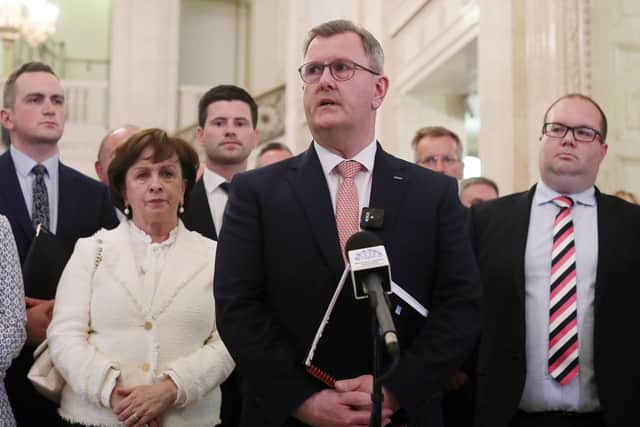 Sir Jeffrey Donaldson and the DUP hold a press conference at Parliament Buildings, Stormont.