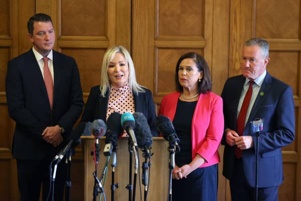 (left to right) John Finucane, Michelle O'Neill, Mary Lou McDonald and Conor Murphy at a Sinn Fein press conference at Stormont on Monday. Michelle O’Neill will have no more power than they had when Paul Givan was in the job, writes Ruth Dudley Edwards. And their vote went up only 1%. Photo: Liam McBurney/PA Wire