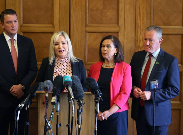 (left to right) John Finucane, Michelle O'Neill, Mary Lou McDonald and Conor Murphy at a Sinn Fein press conference at Stormont on Monday. Michelle O’Neill will have no more power than they had when Paul Givan was in the job, writes Ruth Dudley Edwards. And their vote went up only 1%. Photo: Liam McBurney/PA Wire