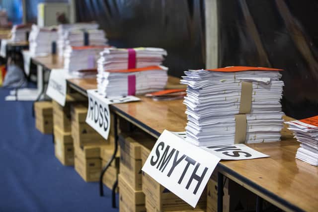 Ballots in last week’s Stormont election count. Unionists received the most votes in the contest