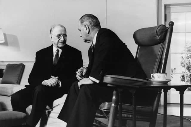 Irish President Eamon de Valera (1882 - 1975, left) with US President Lyndon B. Johnson (1908 - 1973) at the White House, Washington D.C., 1st June 1964. (Photo by Keystone/Hulton Archive/Getty Images)