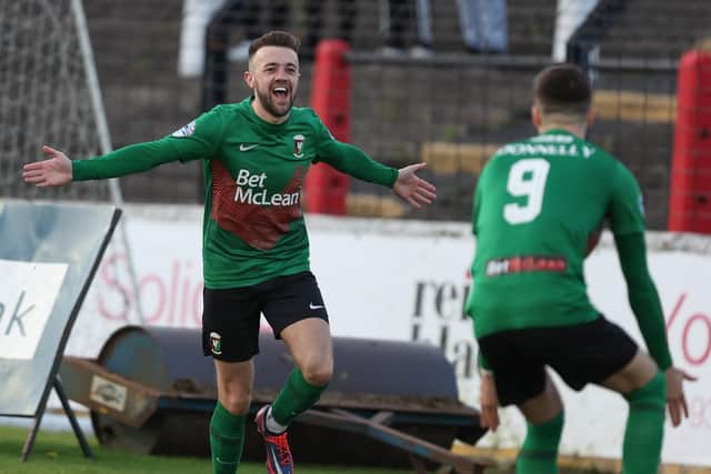 Conor McMenamin celebrates finding the net for Glentoran against Glenavon in the Europa Conference League play-off semi-final at the Oval. Pic by Pacemaker.