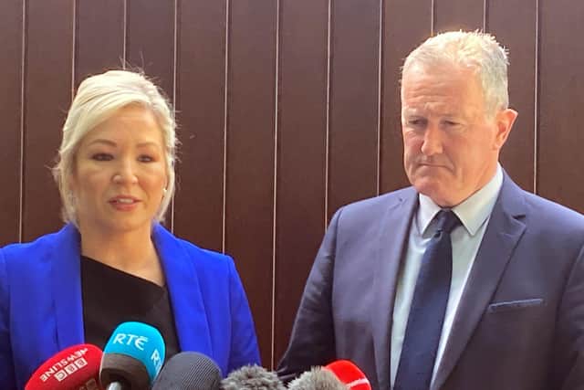 Sinn Fein's Stormont leader Michelle O'Neill and party colleague Conor Murphy speak to the media outside the Irish consulate in south Belfast. Picture: Rebecca Black/PA Wire