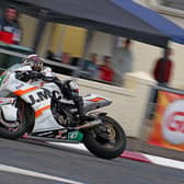 Richard Cooper on the J McC Roofing Kawasaki during Supertwin practice at the North West 200 on Tuesday.