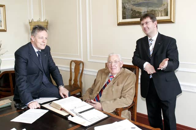 Senior members of the DUP: Peter Robinson, the late Ian Paisley, and Jeffrey Donaldson. Lord Empey writes: "When Ian Paisley and the DUP took over leadership of unionism from David Trimble and the Ulster Unionists in 2003, unionists won 55% of Stormont seats. Ian Paisley inherited a majority of the unionist electorate, 51%. Last week this dropped to 42%". Picture: Diane Magill