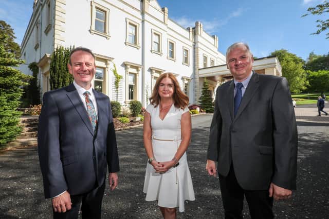 Manufacturing NI CE Stephen Kelly, head of NI Civil Service Jayne Brady and Richard Hogg, director of Macrete and Manufacturing NI Board member pictured earlier in the conference. Jayne was the keynote speaker of Anchor High