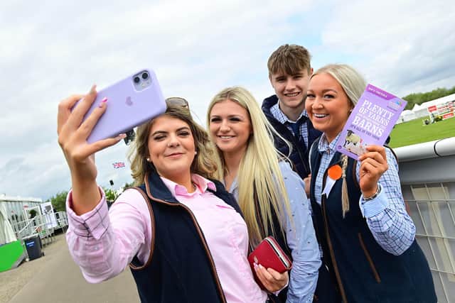 Niamh Braniff from Portaferry, Cassie Huddleston from Comber and Melissa Doyle and Scott McKibbin from Carryduff take a selfie at the Balmoral Show. 
Picture By: Arthur Allison/Pacemaker Press.