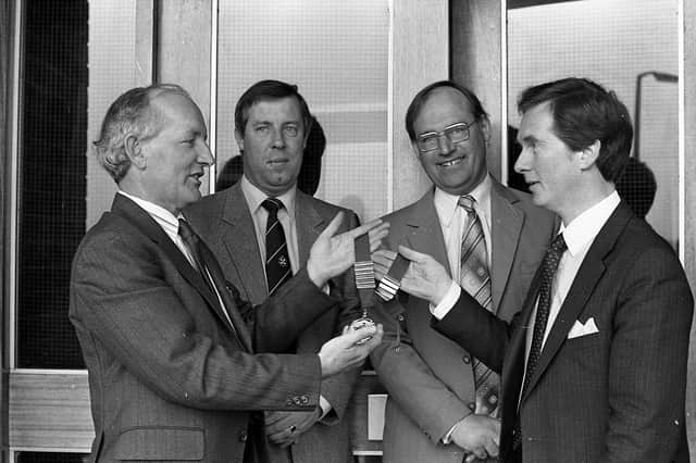 Farming Life presentation of the new chain of offices to NI Agricultural Machinery Dealer’s Association at the start of May 1982. Handing over the chain to the chairman, Mr Holmes Haslett, is Mr Percy Moore. Also in the picture are Mr Maurice Adamson, secretary, and Mr Norman McNicholl, vice chairman of the association. Picture: Farming Life/News Letter