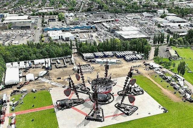 Image of the Ed Sheeran stage at Boucher Road, Belfast, 12-05-22, used with permission from Droning_about_Ireland @REDKN1GHT19
