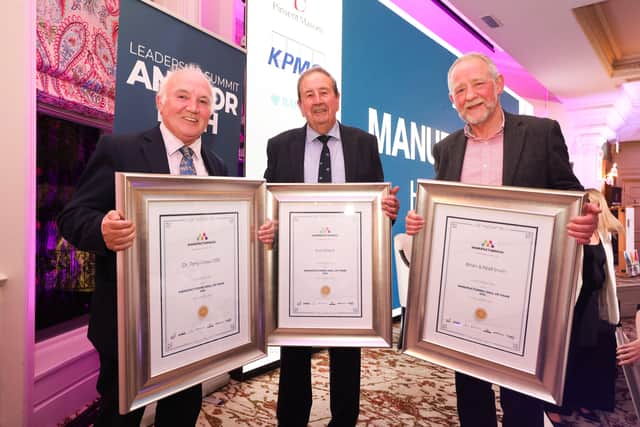 Northern Ireland Manufacturing Hall of Fame inaugural honourees Dr Terry Cross OBE, Pat O’Neill and Brain Irwin