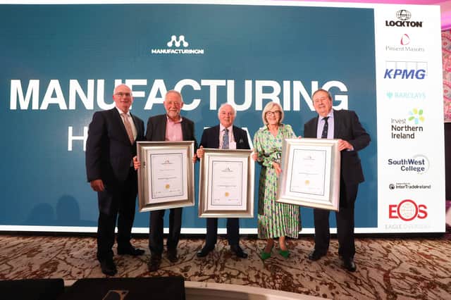 Inaugural inductees of the new Northern Ireland Manufacturing Hall of Fame Brian Irwin, Dr Terry Cross OBE and Pat O’Neill. The recipients are joined by Chair of Manufacturing NI Con O’Neill and broadcaster Wendy Austin