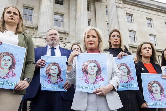 Sinn Fein's Vice-President Michelle O'Neill (centre) with party colleagues hold images on the steps of Parliament Buildings of Stormont of journalist Shireen Abu Akleh killed on May 11 by Israeli forces in Jenin, in the occupied West Bank.