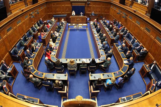 MLAs in the Assembly Chamber at Parliament Buildings, Stormont, today
