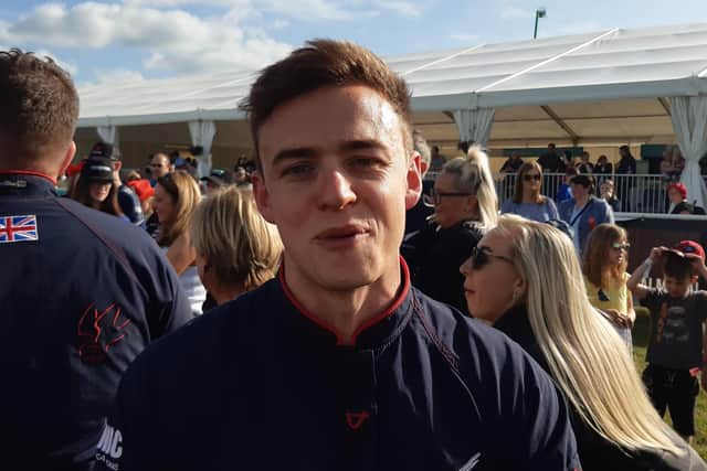 Sergeant Paddy Guillois, 27, after he was part of the RAF Falcons Parachute Display Team that landed in the main arena at Balmoral Show after a 7,000 foot jump which brought the four day event to a close