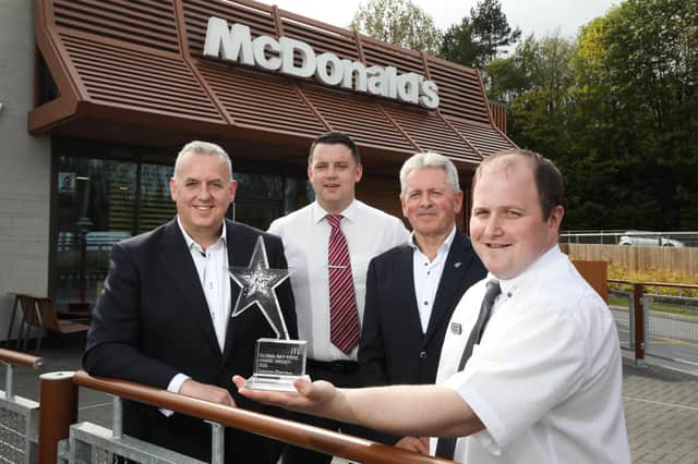Alistair Macrow, chief executive, McDonald’s UK and Ireland, John McCollum, franchisee, Gareth Moore, franchisee supervisor and Gavin Doran, Ray Kroc award winner and business manager, McDonald’s McKinstry Road