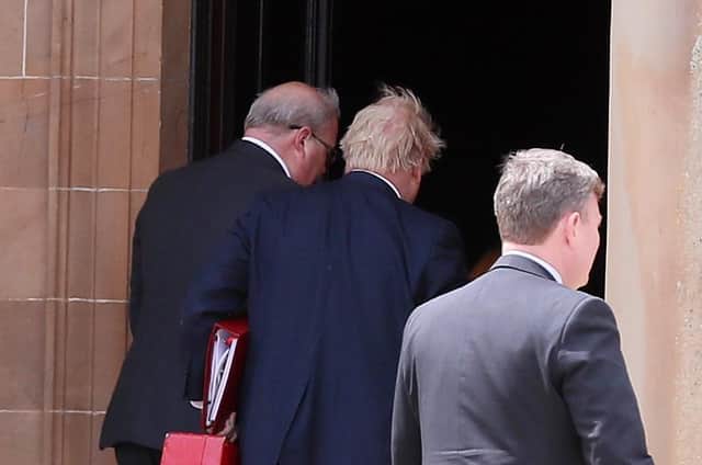 Press Eye - Belfast - Northern Ireland - 16th May 2022  British Prime Minster Boris Johnson arrives at Hillsborough Castle where he his due to meet local political parties to discuss the Northern Ireland Protocol.   Picture by Jonathan Porter/PressEye