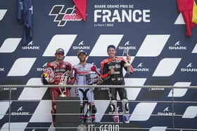 Enea Bastianini, winner of the Shark French MotoGP, with runner-up Jack Miller and Aleix Espargaro.