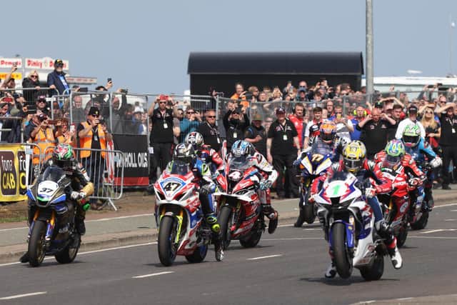 The start of the feature Superbike race at the North West 200 on Saturday, when up to 24 riders using Dunlop tyres did not take part due to a safety issue over a batch of Dunlop rear Superbike slicks.