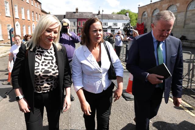 Michelle O'Neill, Mary Lou McDonald  and Conor Murphy arrive at Hillsborough Castle during a visit by Prime Minister Boris Johnson to Northern Ireland